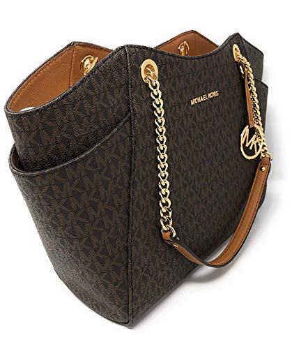 Michael Kors Jet Set Travel Large Chain Shoulder Tote (Brown PVC/Strap Logo) for Women on Business Trips and Daily Use S